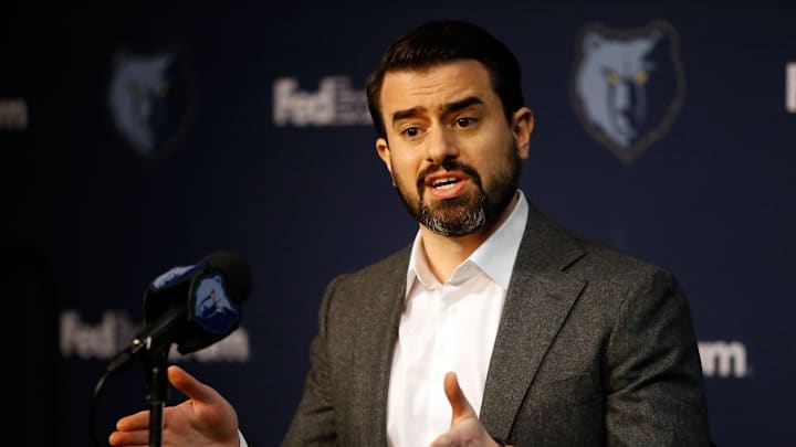Oct 2, 2023; Memphis, TN, USA;  Memphis Grizzlies general manager Zach Kleiman talks with members of the media during media day at FedEx Forum. Mandatory Credit: Petre Thomas-Imagn Images