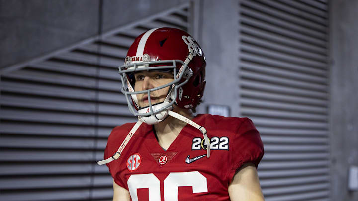Jan 10, 2022; Indianapolis, IN, USA; Alabama Crimson Tide punter James Burnip (86) against the Georgia Bulldogs in the 2022 CFP college football national championship game at Lucas Oil Stadium. Mandatory Credit: Mark J. Rebilas-Imagn Images