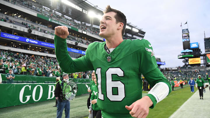 Dec 29, 2024; Philadelphia, Pennsylvania, USA; Philadelphia Eagles quarterback Tanner McKee (16) runs off the field after win against the Dallas Cowboys at Lincoln Financial Field. Mandatory Credit: Eric Hartline-Imagn Images