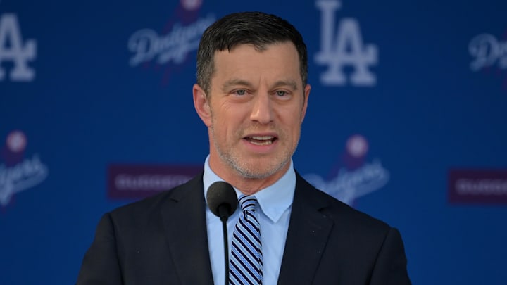 Jan 22, 2025; Los Angeles, CA, USA;  Andrew Friedman, President of baseball operations speaks during an introductory press conference for Los Angeles Dodgers pitcher Roki Sasaki (11) at Dodger Stadium. Mandatory Credit: Jayne Kamin-Oncea-Imagn Images  