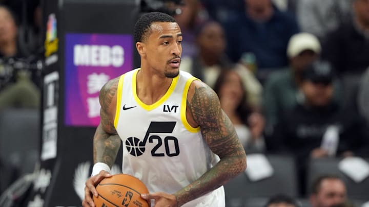 Dec 8, 2024; Sacramento, California, USA; Utah Jazz forward John Collins (20) during the third quarter against the Sacramento Kings at Golden 1 Center. Mandatory Credit: Darren Yamashita-Imagn Images