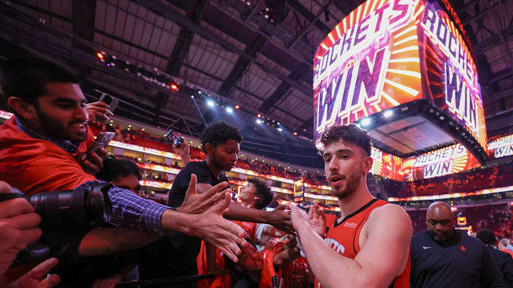Apr 30, 2025; Houston, Texas, USA; Houston Rockets center Alperen Sengun (28) shakes hands with fans after defeating the Golden State Warriors in game five of first round for the 2025 NBA Playoffs at Toyota Center. Mandatory Credit: Thomas Shea-Imagn Images
