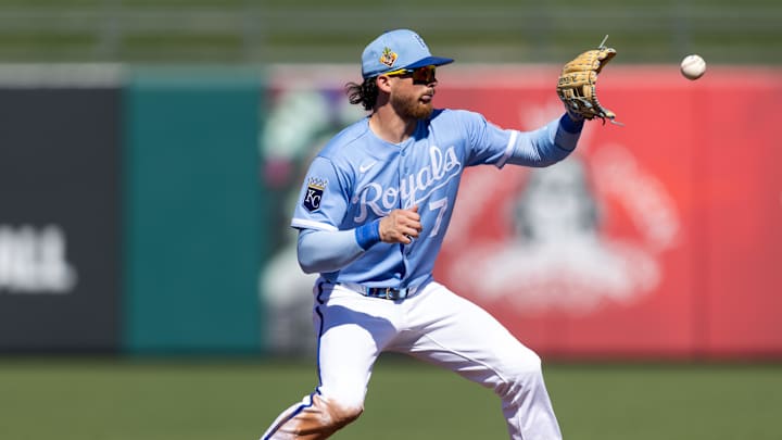 Feb 25, 2026; Surprise, Arizona, USA; Kansas City Royals shortstop Bobby Witt Jr. against the Seattle Mariners during a spring training game at Surprise Stadium. Mandatory Credit: Mark J. Rebilas-Imagn Images