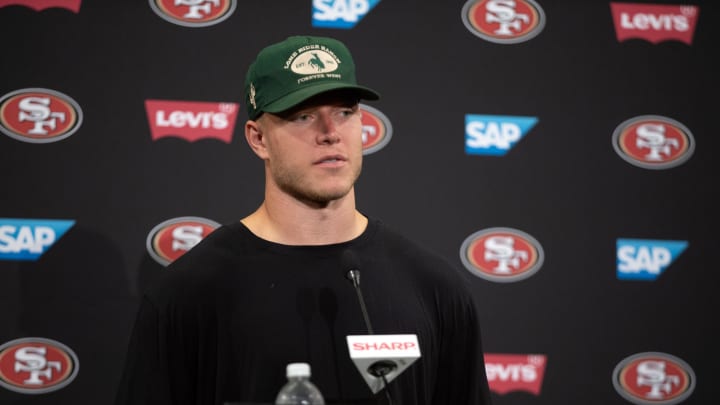 San Francisco 49ers running back Christian McCaffrey answers questions at a press conference following Day 3 of training camp at SAP Performance Facility. San Francisco 49ers running back Christian McCaffrey answers questions at a press conference following Day 3 of training camp at SAP Performance Facility.