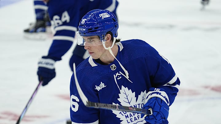 Apr 24, 2024; Toronto, Ontario, CAN; Toronto Maple Leafs forward Mitchell Marner (16) during warm-up of game three of the first round of the 2024 Stanley Cup Playoffs against the Boston Bruins at Scotiabank Arena. Mandatory Credit: John E. Sokolowski-USA TODAY Sports