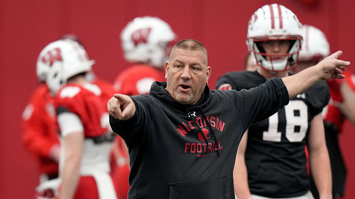 Wisconsin offensive coordinator Phil Longo is shown during spring football practice Thursday, April 25, 2024 in Madison, Wisconsin. The Wisconsin Badgers football team plays their season opener against Western Michigan on August 31.