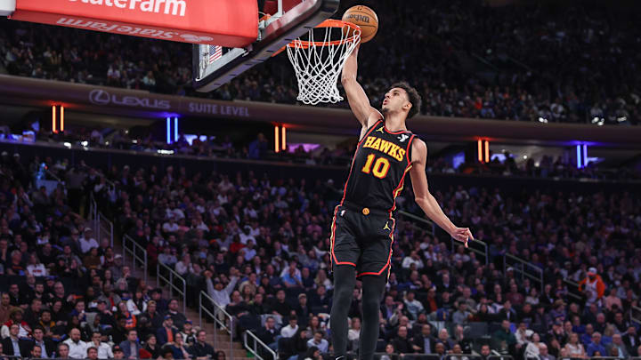 Feb 12, 2025; New York, New York, USA;  Atlanta Hawks forward Zaccharie Risacher (10) at Madison Square Garden. Mandatory Credit: Wendell Cruz-Imagn Images