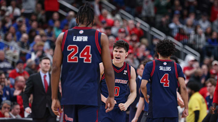 Mar 6, 2026; Newark, New Jersey, USA; St. John's basketball guard Dylan Darling (0) reacts during the second half against the Seton Hall Pirates at Prudential Center.