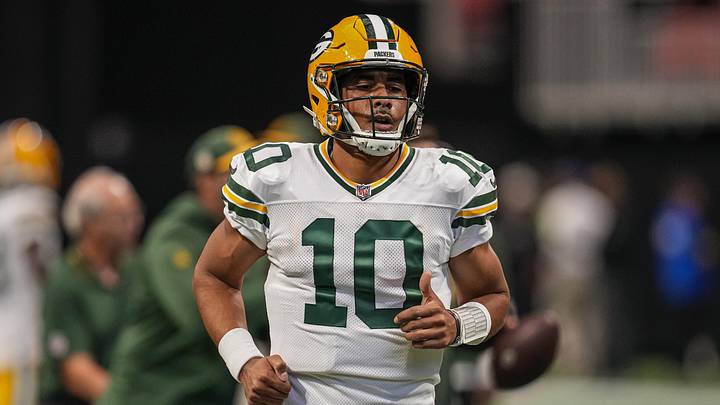 Sep 17, 2023; Atlanta, Georgia, USA; Green Bay Packers quarterback Jordan Love (10) runs on the field prior to the game against the Atlanta Falcons at Mercedes-Benz Stadium. Mandatory Credit: Dale Zanine-Imagn Images