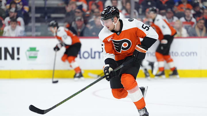 Jan 31, 2026; Philadelphia, Pennsylvania, USA; Philadelphia Flyers defenseman Rasmus Ristolainen (55) controls the puck against the Los Angeles Kings in the third period at Xfinity Mobile Arena. 