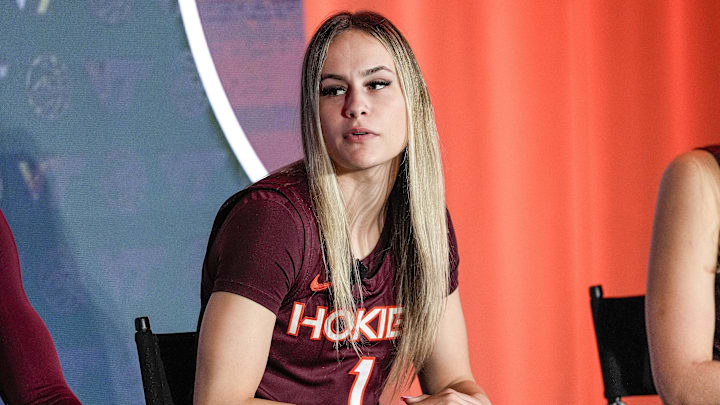 Oct 9, 2024; Charlotte, NC, USA; Virginia Tech guard Carleigh Wenzel during ACC Media Days at The Hilton Charlotte Uptown. Mandatory Credit: Jim Dedmon-Imagn Images Oct 9, 2024; Charlotte, NC, USA; Virginia Tech guard Carleigh Wenzel during ACC Media Days at The Hilton Charlotte Uptown. Mandatory Credit: Jim Dedmon-Imagn Images