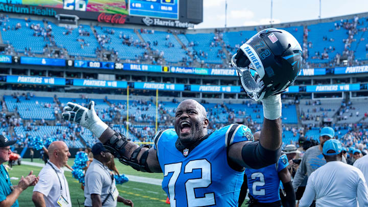 Carolina Panthers offensive tackle Taylor Moton (72) reacts after the game at Bank of America Stadium