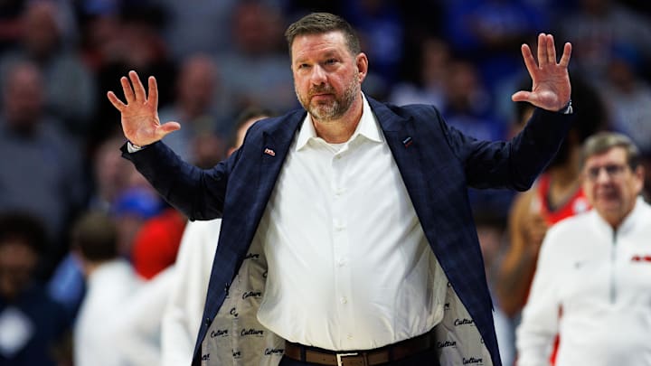 Jan 24, 2026; Lexington, Kentucky, USA; Mississippi Rebels head coach Chris Beard reacts to a call made by a referee during the second half against the Kentucky Wildcats at Rupp Arena at Central Bank Center. Mandatory Credit: Jordan Prather-Imagn Images