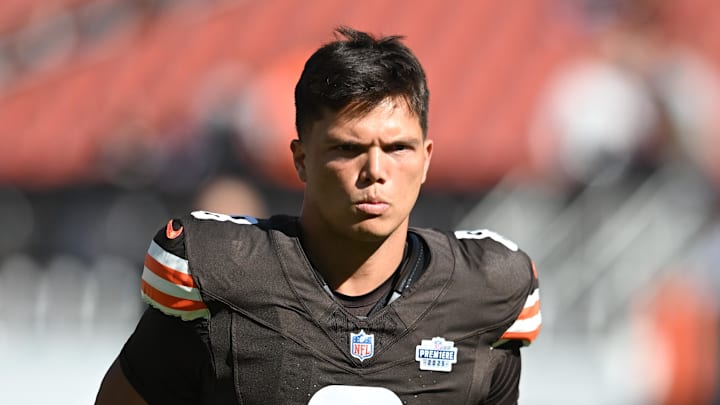Sep 7, 2025; Cleveland, Ohio, USA; Cleveland Browns quarterback Dillon Gabriel (8) at Huntington Bank Field. 