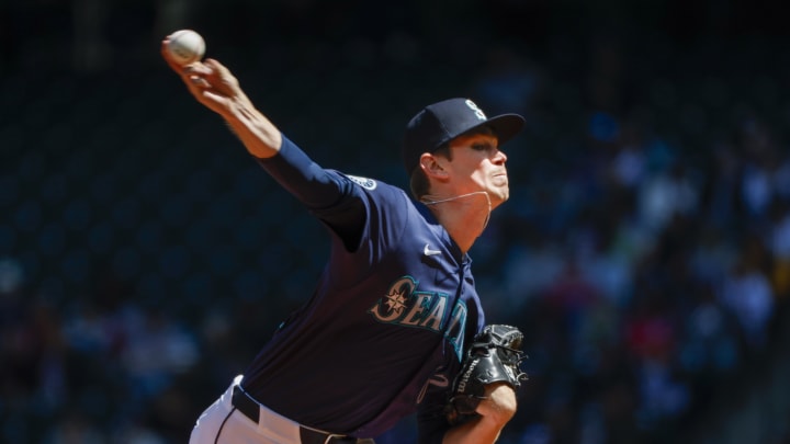 Seattle Mariners starting pitcher Emerson Hancock (62) throws against the Atlanta Braves during the second inning at T-Mobile Park on May 1. Seattle Mariners starting pitcher Emerson Hancock (62) throws against the Atlanta Braves during the second inning at T-Mobile Park on May 1.