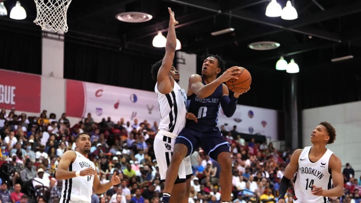 Jul 12, 2022; Las Vegas, NV, USA; Memphis Grizzlies guard Kennedy Chandler (0) shoots the ball against Brooklyn Nets guard Cam Thomas (24) during an NBA Summer League game at Cox Pavilion. Mandatory Credit: Stephen R. Sylvanie-USA TODAY Sports