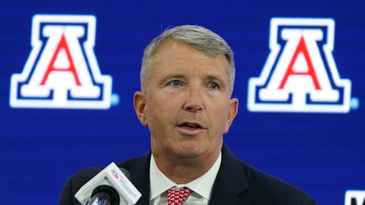 Jul 9, 2025; Frisco, TX, USA; Arizona head coach Brent Brennan speaks with the media during 2025 Big 12 Football Media Days at The Star. 