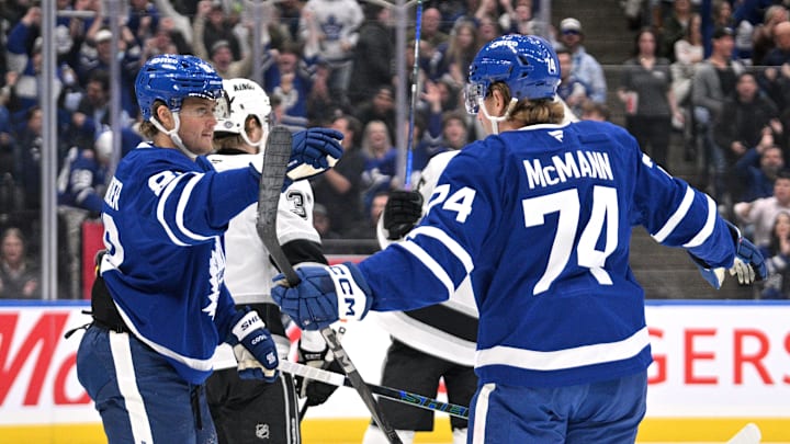 Oct 16, 2024; Toronto, Ontario, CAN; Toronto Maple Leafs forward Bobby McMann (74) celebrates with forward William Nylander (88) after scoring against the Los Angeles Kings in the first period at Scotiabank Arena. Mandatory Credit: Dan Hamilton-Imagn Images