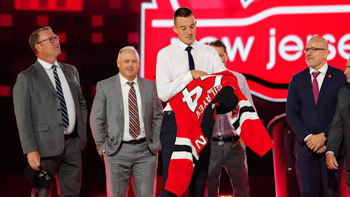 Anton Silayev is selected by the New Jersey Devils with the 10th overall pick in the first round of the 2024 NHL Draft: Stephen R. Sylvanie-Imagn Images Anton Silayev is selected by the New Jersey Devils with the 10th overall pick in the first round of the 2024 NHL Draft: Stephen R. Sylvanie-Imagn Images