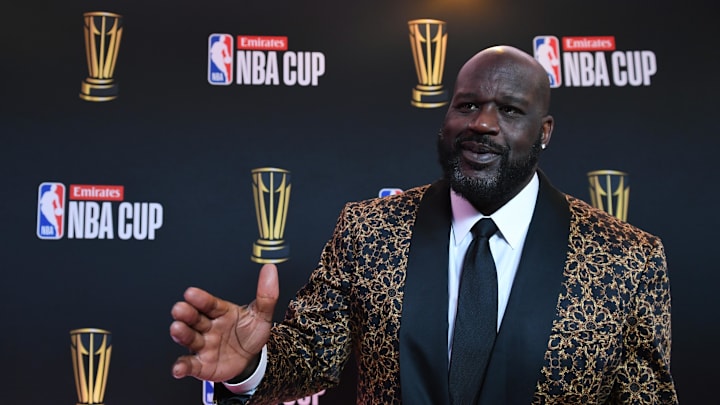 Dec 14, 2024; Las Vegas, NV, USA; Shaquille O'Neal arrives on the red carpet before the Emirates NBA Cup semifinal game at T-Mobile Arena. Mandatory Credit: Candice Ward-Imagn Images