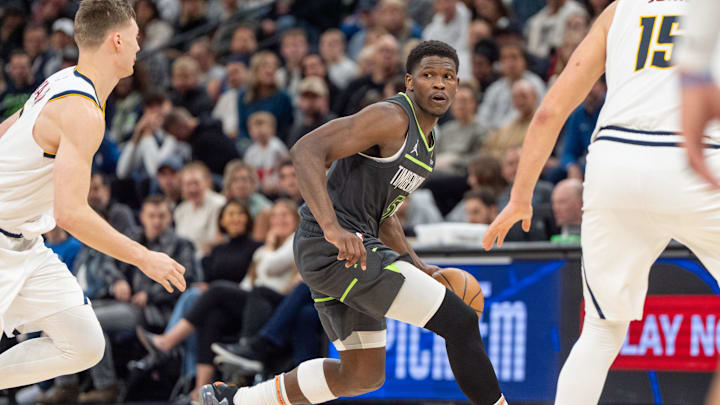 Minnesota Timberwolves guard Anthony Edwards looks to pass against the Denver Nuggets in the second quarter at Target Center in Minneapolis on Nov. 1, 2024. Minnesota Timberwolves guard Anthony Edwards looks to pass against the Denver Nuggets in the second quarter at Target Center in Minneapolis on Nov. 1, 2024.