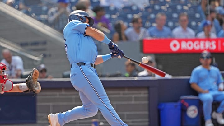 Toronto Blue Jays center fielder Daulton Varsho (25) hits a double against the Philadelphia Phillies during the first inning at Rogers Centre on Sept 4.