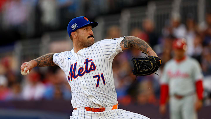 [US, Mexico & Canada customers only] June 8, 2024; London, UNITED KINGDOM; New York Mets pitcher Sean Reid-Foley in action against the Philadelphia Phillies during a London Series baseball game at Queen Elizabeth Olympic Park. Mandatory Credit: Matthew Childs/Reuters via Imagn Images