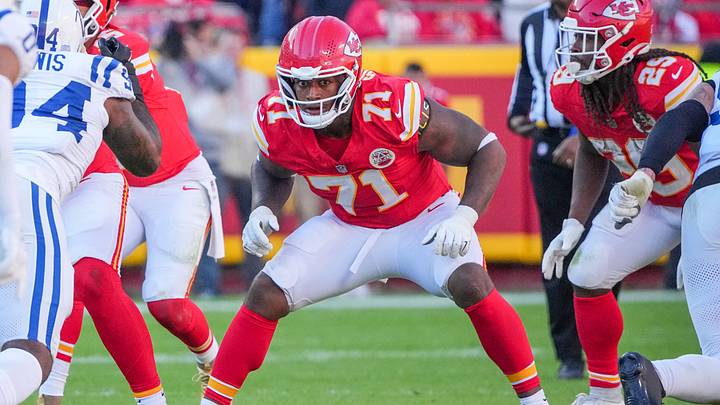 Nov 23, 2025; Kansas City, Missouri, USA; Kansas City Chiefs offensive tackle Josh Simmons (71) on field against the Indianapolis Colts during the game at GEHA Field at Arrowhead Stadium. Mandatory Credit: Denny Medley-Imagn Images