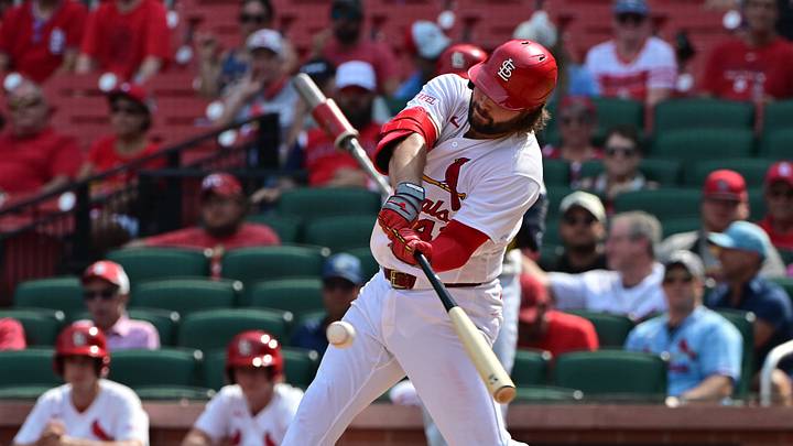 Sep 16, 2026; St. Louis, Missouri, USA; St. Louis Cardinals first baseman Alec Burleson (41) hits a double to second base in the eighth inning against the San Francisco Giants at Busch Stadium. Mandatory Credit: Tim Vizer-Imagn Images Sep 16, 2026; St. Louis, Missouri, USA; St. Louis Cardinals first baseman Alec Burleson (41) hits a double to second base in the eighth inning against the San Francisco Giants at Busch Stadium. Mandatory Credit: Tim Vizer-Imagn Images