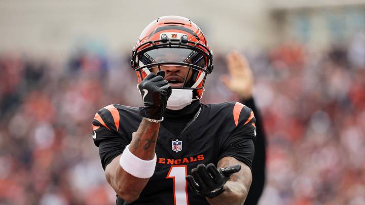 Nov 2, 2025; Cincinnati, Ohio, USA; Cincinnati Bengals wide receiver Ja'Marr Chase (1) celebrates after scoring a touchdown against the Chicago Bears during the second quarter at Paycor Stadium. Mandatory Credit: Joseph Maiorana-Imagn Images