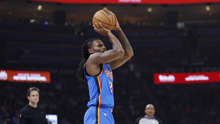 Apr 5, 2026; Oklahoma City, Oklahoma, USA; Oklahoma City Thunder guard Cason Wallace (22) shoots a three point basket against the Utah Jazz during the second quarter at Paycom Center. Mandatory Credit: Alonzo Adams-Imagn Images Apr 5, 2026; Oklahoma City, Oklahoma, USA; Oklahoma City Thunder guard Cason Wallace (22) shoots a three point basket against the Utah Jazz during the second quarter at Paycom Center. Mandatory Credit: Alonzo Adams-Imagn Images