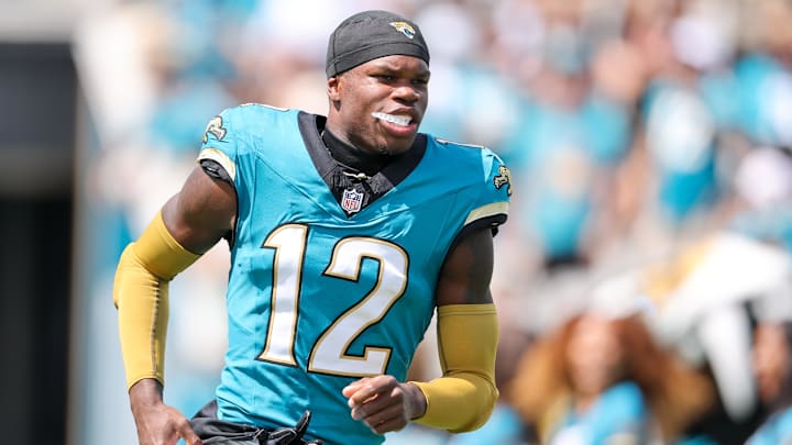 Sep 21, 2025; Jacksonville, Florida, USA; Jacksonville Jaguars wide receiver Travis Hunter (12) enters the field before the game against the Houston Texans at EverBank Stadium. Mandatory Credit: Morgan Tencza-Imagn Images