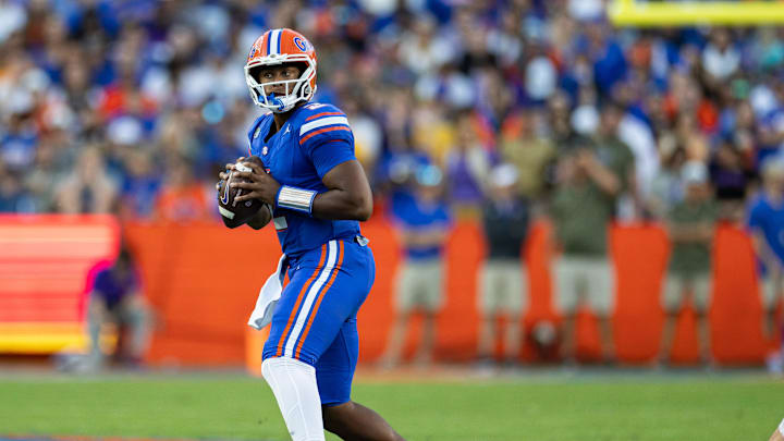 Nov 16, 2024; Gainesville, Florida, USA; Florida Gators quarterback DJ Lagway (2) looks to pass against the LSU Tigers during the first half at Ben Hill Griffin Stadium. Mandatory Credit: Matt Pendleton-Imagn Images