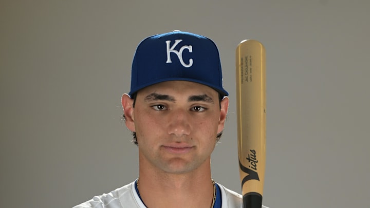 Kansas City Royals Jac Caglianone (14) poses for a photo during media day in 2025.