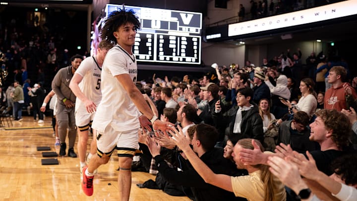 Vanderbilt guard Tyler Tanner (3) celebrates defeating Kentucky at Memorial Gymnasium in Nashville, Tenn., Tuesday, Jan. 27, 2026. Vanderbilt guard Tyler Tanner (3) celebrates defeating Kentucky at Memorial Gymnasium in Nashville, Tenn., Tuesday, Jan. 27, 2026.
