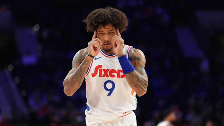 Feb 11, 2025; Philadelphia, Pennsylvania, USA; Philadelphia 76ers guard Kelly Oubre Jr (9) reacts against the Toronto Raptors in the first quarter at Wells Fargo Center. Mandatory Credit: Kyle Ross-Imagn Images