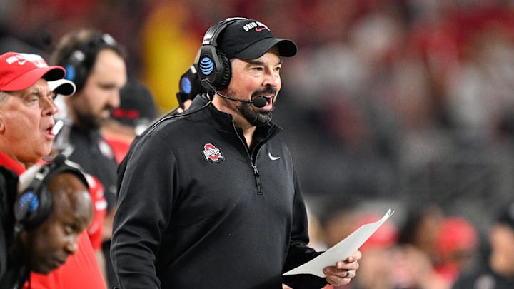 Dec 31, 2025; Arlington, TX, USA; Ohio State Buckeyes head coach Ryan Day reacts in the second quarter against the Miami Hurricanes during the 2025 Cotton Bowl and quarterfinal game of the College Football Playoff at AT&T Stadium. Mandatory Credit: Jerome Miron-Imagn Images