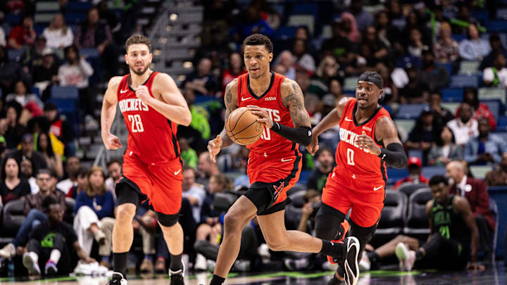 Mar 29, 2026; New Orleans, Louisiana, USA;  Houston Rockets forward Jabari Smith Jr. (10) brings the ball up court on a fast break against the New Orleans Pelicans during the second half at Smoothie King Center. Mandatory Credit: Stephen Lew-Imagn Images