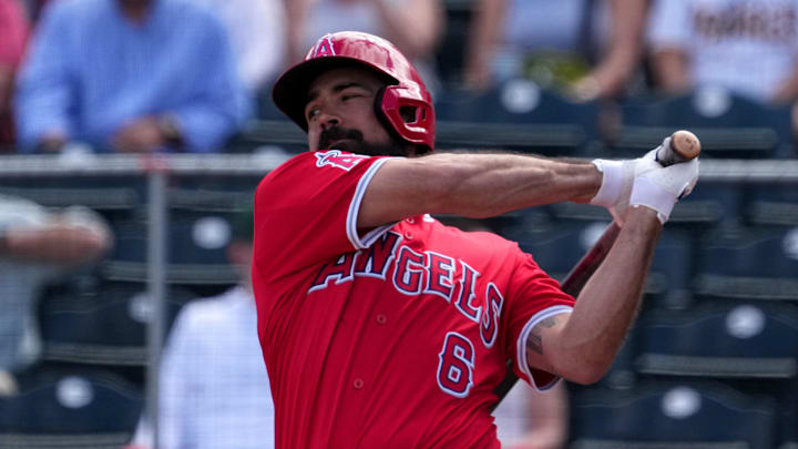 Mar 3, 2024; Tempe, Arizona, USA; Los Angeles Angels third baseman Anthony Rendon (6) bats against