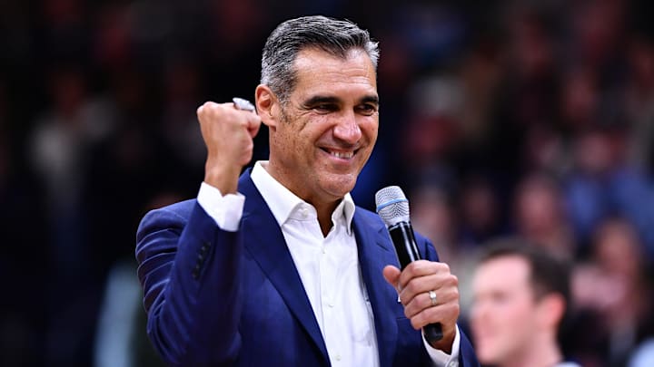 Feb 8, 2023; Villanova, Pennsylvania, USA; Former Villanova Wildcats head coach Jay Wright speaks