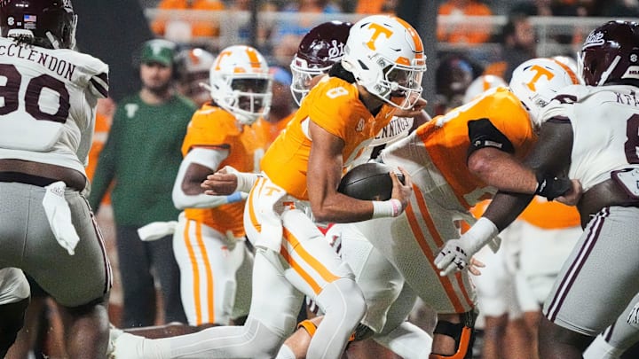 Tennessee quarterback Nico Iamaleava (8) runs with the ball during a college football game between Tennessee and Mississippi State at Neyland Stadium in Knoxville, Tenn., on Saturday, Nov. 9, 2024.