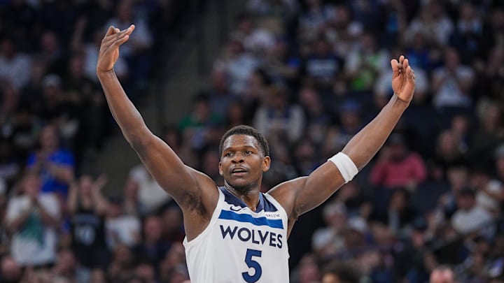 Oct 29, 2024; Minneapolis, Minnesota, USA; Minnesota Timberwolves guard Anthony Edwards (5) celebrates against the Dallas Mavericks in the third quarter at Target Center. Mandatory Credit: Brad Rempel-Imagn Images