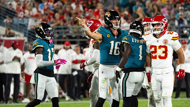 Jacksonville Jaguars quarterback Trevor Lawrence (16) signals a first down in the first quarter during a Monday Night NFL football game at EverBank Stadium, Monday, Oct. 6, 2025, in Jacksonville, Fla. [Doug EngleFlorida Times-Union]