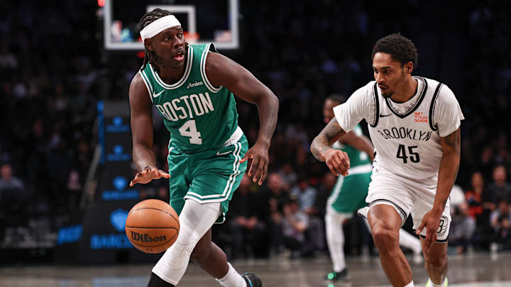 Nov 13, 2024; Brooklyn, New York, USA; Boston Celtics guard Jrue Holiday (4) dribbles as Brooklyn Nets guard Keon Johnson (45) defends during the first half at Barclays Center. Mandatory Credit: Vincent Carchietta-Imagn Images Nov 13, 2024; Brooklyn, New York, USA; Boston Celtics guard Jrue Holiday (4) dribbles as Brooklyn Nets guard Keon Johnson (45) defends during the first half at Barclays Center. Mandatory Credit: Vincent Carchietta-Imagn Images