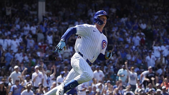 Jun 21, 2025; Chicago, Illinois, USA; Chicago Cubs outfielder Pete Crow-Armstrong (4) runs the bases after hitting a home run against the Seattle Mariners during the fifth inning at Wrigley Field. 