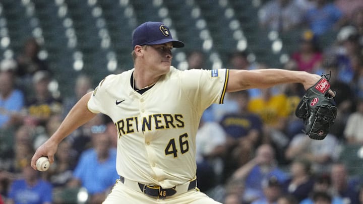 Sep 18, 2025; Milwaukee, Wisconsin, USA; Milwaukee Brewers pitcher Quinn Priester (46) delivers a pitch against the Los Angeles Angels in the first inning at American Family Field. Mandatory Credit: Michael McLoone-Imagn Images