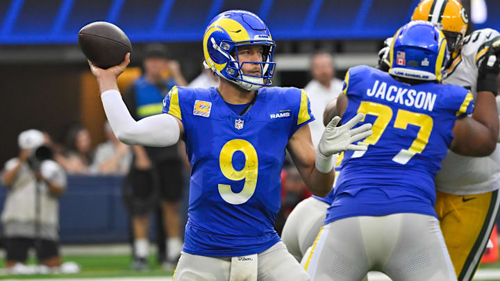 Oct 6, 2024; Inglewood, California, USA; Los Angeles Rams quarterback Matthew Stafford (9) throws a pass during the third quarter against the Green Bay Packers at SoFi Stadium. Mandatory Credit: Robert Hanashiro-Imagn Images