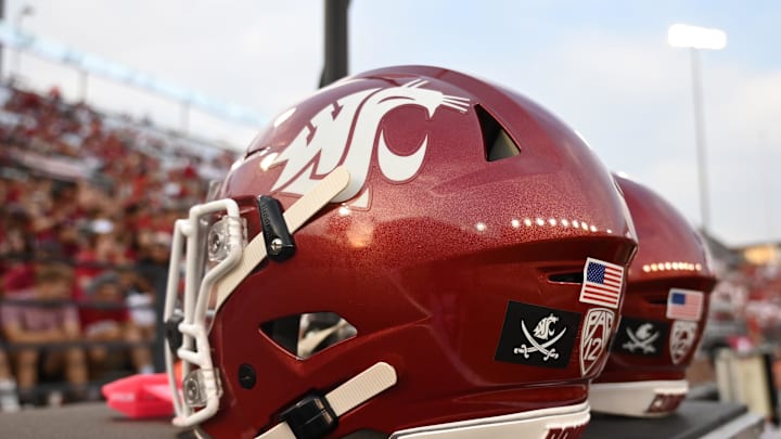 Sep 7, 2024; Pullman, Washington, USA; A pirate flag on the back of Washington State Cougars helmet in memory of Mike Leach during a game against the Texas Tech Red Raiders in the first half at Gesa Field at Martin Stadium. Mandatory Credit: James Snook-Imagn Images Sep 7, 2024; Pullman, Washington, USA; A pirate flag on the back of Washington State Cougars helmet in memory of Mike Leach during a game against the Texas Tech Red Raiders in the first half at Gesa Field at Martin Stadium. Mandatory Credit: James Snook-Imagn Images