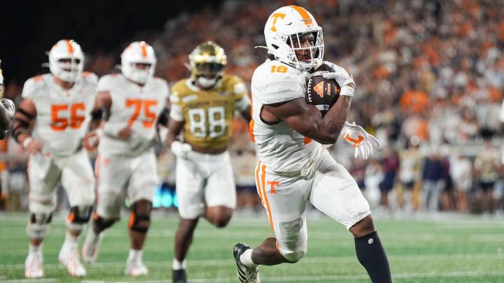 Tennessee running back DeSean Bishop (18) runs into the end zone during a college football game between Tennessee and Georgia Tech at Bobby Dodd Stadium in Atlanta, Ga., on Sept. 12, 2026. Tennessee running back DeSean Bishop (18) runs into the end zone during a college football game between Tennessee and Georgia Tech at Bobby Dodd Stadium in Atlanta, Ga., on Sept. 12, 2026.