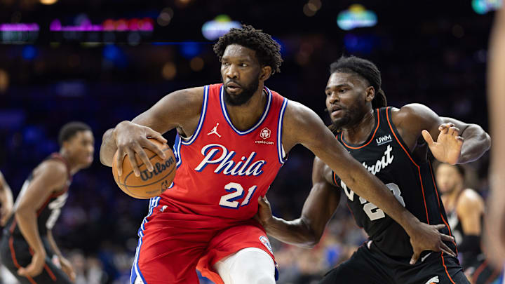 Dec 15, 2023; Philadelphia, Pennsylvania, USA; Philadelphia 76ers center Joel Embiid (21) controls